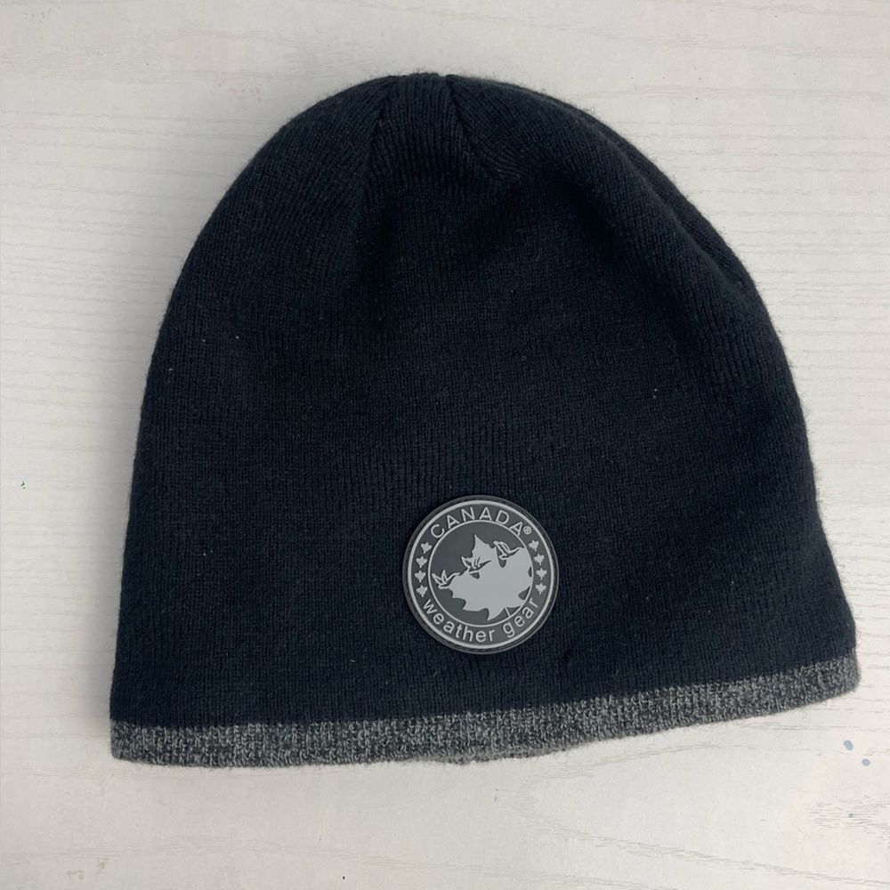 Canada Weather Black Knit Beanie with Gray Trim